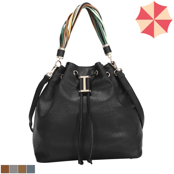 La Terre Vegan Leather Drawstring Bucket Hobo with Multicolor Strap