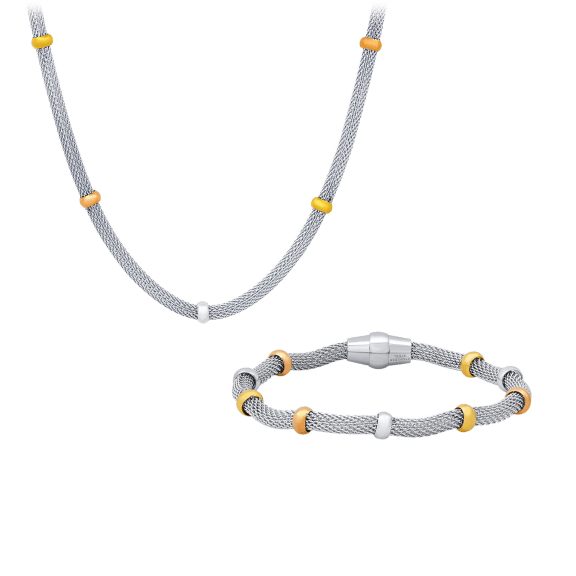 Steeltime Ladies Tri-Tone Bead Mesh Bracelet and Necklace Set