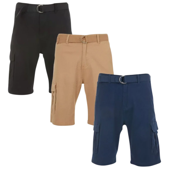 3-Pack: Nextex Apparel Men's Cotton Stretch Twill Belted Cargo Shorts