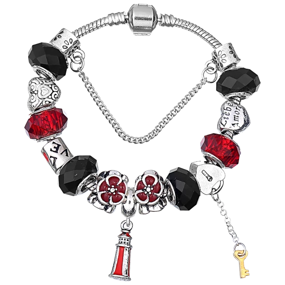 Tamborat Murano Glass Key to My Heart Black and Red Bracelet