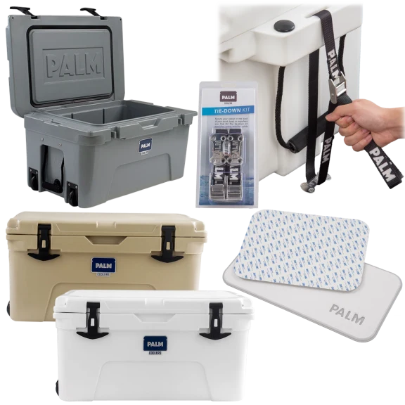 PALM 45 Quart Wheeled Cooler with Sitting Pad & Tie Down Kit