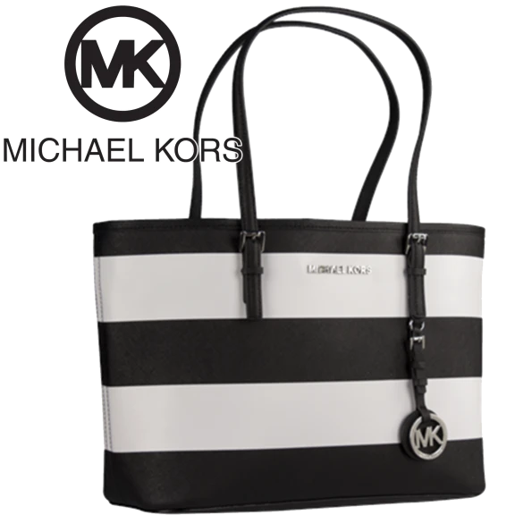 Michael Kors Jet Set Travel Black & White Striped Saffiano Leather Top-Zip Tote