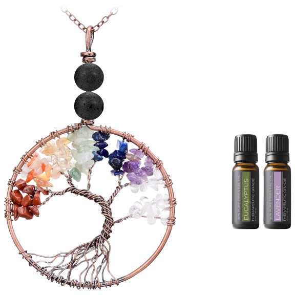 Aesthetics Naturals Tree Of Life Lave Chakra Necklace with 2-Pack Essential Oils