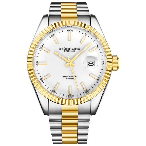 Stührling Men's Quartz 42mm Classic Silver Case and Markers Bracelet Watch