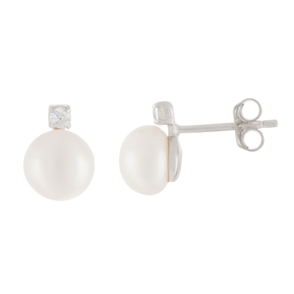 White Pearl CZ Accented Stud Earrings