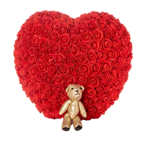 The Forever Rose Petal Heart with Mini Gold Bear