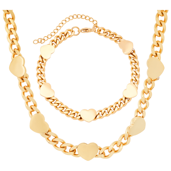 Steeltime Cuban Link Hearts Charm Bracelet & Necklace Set