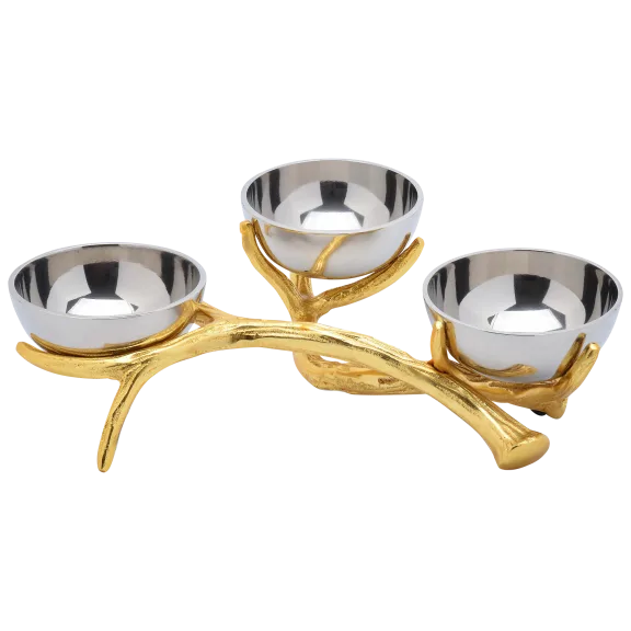 Cheer Collection Nickel-Plated Three Sectional Serving Bowls on Gold Branch Base