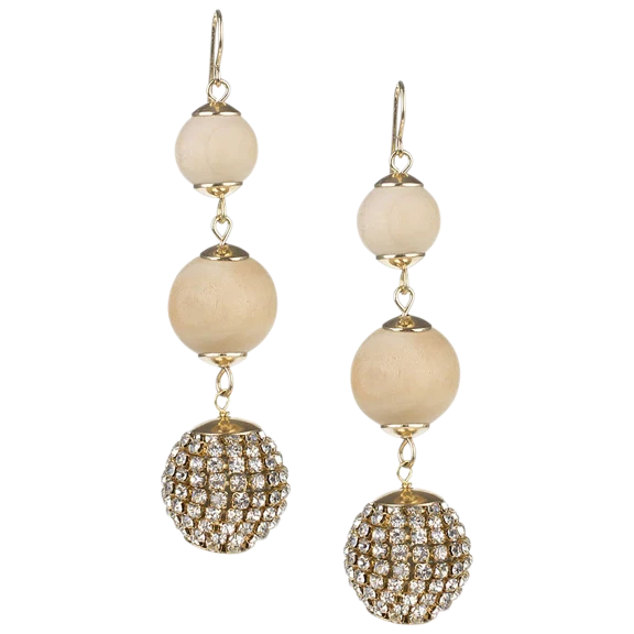 Wood and Crystal Ball Drop Earrings