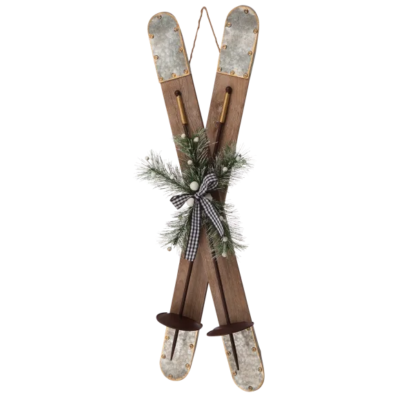 Glitzhome 35''H Christmas Wooden/Galvanized Ski Decor
