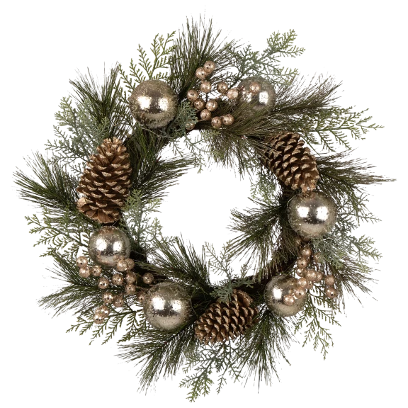 Glitzhome 24" LED Pre-Lit Greenery Berry Holly Pine cone Silver Ornament Wreath