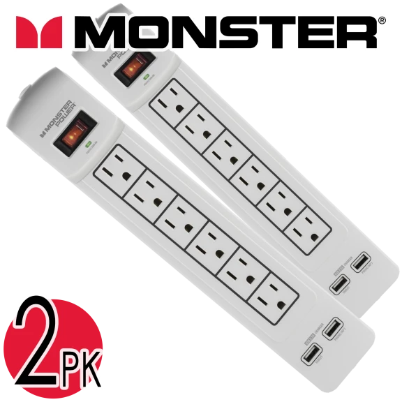 2-PACK Monster 6-Port Surge Protector Power Strip with 2 USB Ports