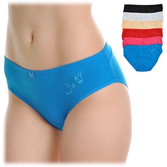 6-Pack: Angelina Cotton Mid-Rise Bikini Panties with Embroidered Flower