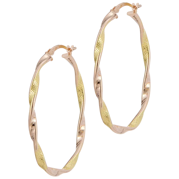 Savvy Cie Sterling Silver Two Tone Rose And Gold Oval Twist Hoop Earrings