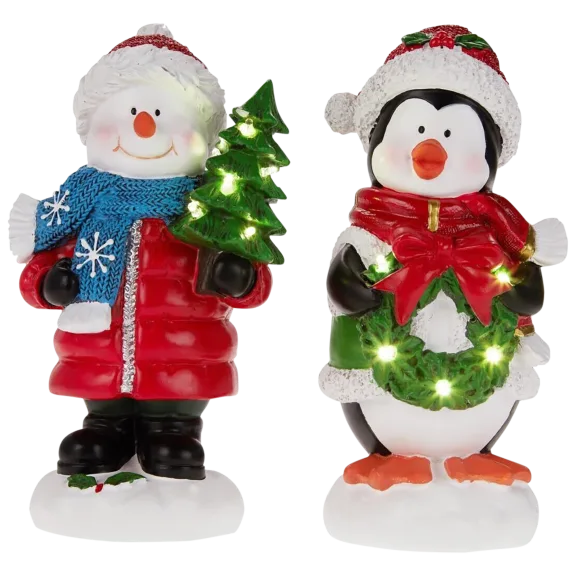 Winter Lane 8" Illuminated Snowman And Penguin Figures