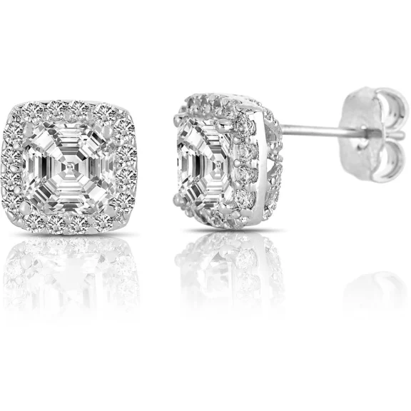 Sterling & CZ with Platinum Plated Asher Cut Earrings