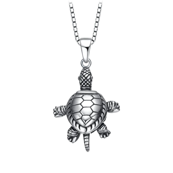 Genevive Sterling Silver with Rhodium Plated Turtle Pendant Necklace