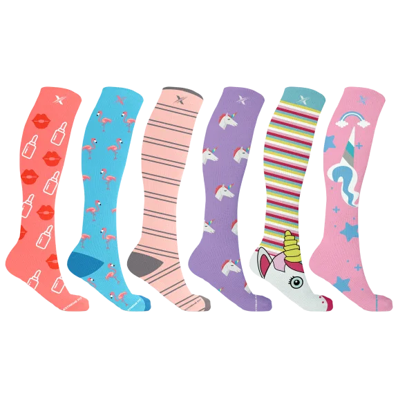 6-Pack: Extreme Fit Unicorn and Flamingo Inspired Knee High Compression Socks
