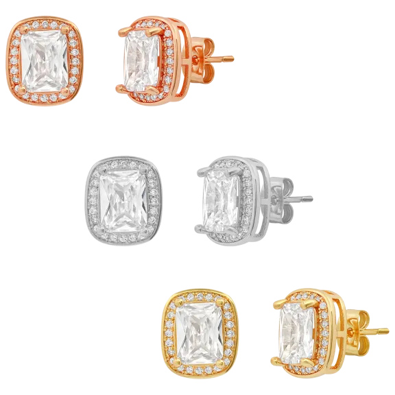Steeltime Ladies 3.6ct Simulated Diamond Emerald Cut Halo Earrings