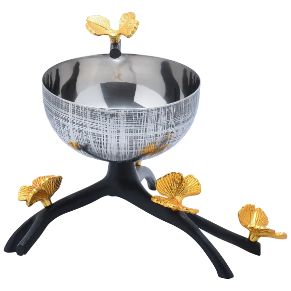 Cheer Collection Textured Stainless Steel Decorative Bowl on Black Branch Stand