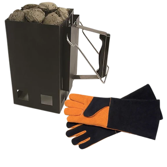 Steven Raichlen Extra Large Chimney Starter and Long Leather Grilling Gloves