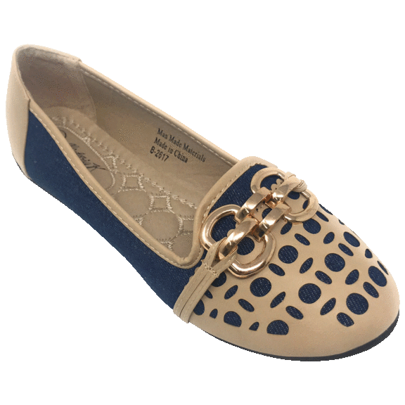 Victoria K. Women's Fashion Laser-Cut Denim Flats with Gold Buckle