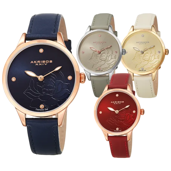 Akribos Floral Watch with Diamonds and Leather Strap