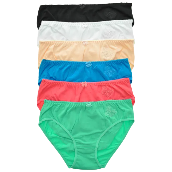6-Pack: Angelina Cotton Mid-Rise Bikini Panties with Embroidered Butterfly
