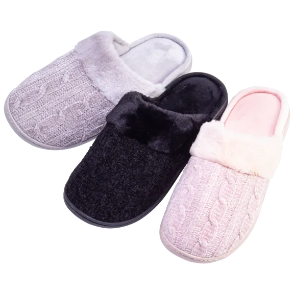 Goldtoe Women's Chenille Cable Knit Slippers with Faux Fur Collar