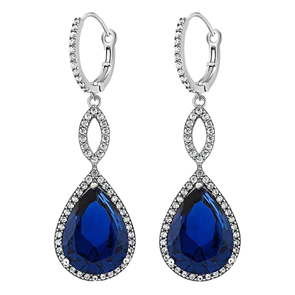 Golden NYC Jewelry White Plated Dangling Drop Sapphire Earrings