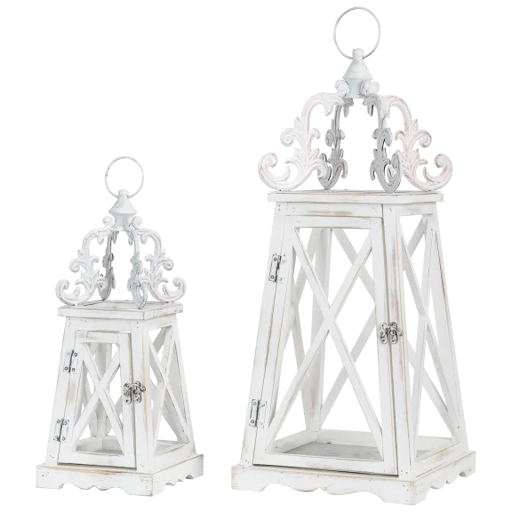 2-Pack: Wash White Farmhouse Modern Wooden Lanterns With 3D Metal Lace Top