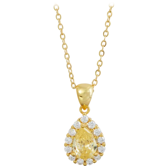 Savvy Cie 18K Yellow Gold Plate Canary Halo Pear Shape Pendant Drop Necklace
