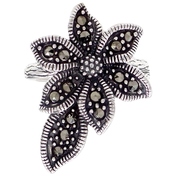 Savvy Cie Sterling Silver Swiss Marcasite Flower Ring