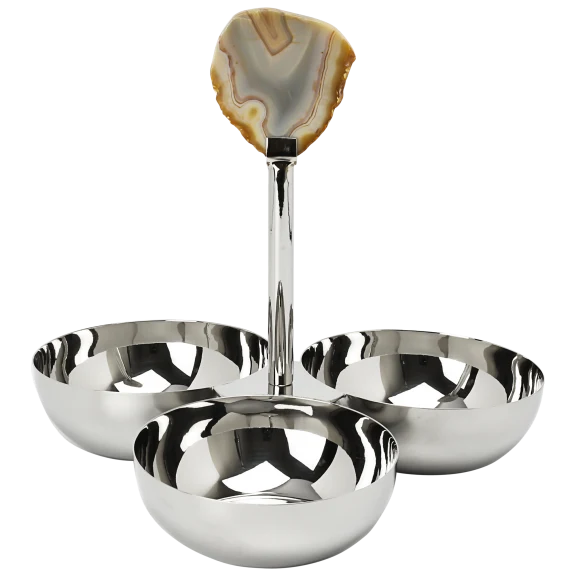 Classic Touch 3 Bowl Stainless Steel Relish Dish with Agate Stone