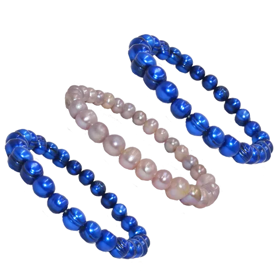 Set Of 3 Cultured Freshwater Pearl Stretch Bracelets Blue