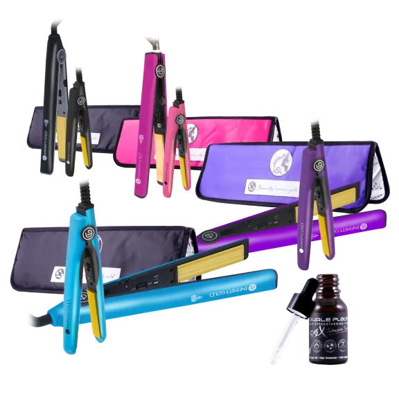 Infinity Gold 1" & .05" Flat Iron, Heat Mat Storage Pouch,  & Hair Oil Set