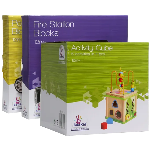 BooKid Wooden Toys Police Station & Fire Station Bundle w/ Bonus Activity Cube
