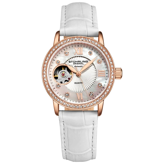 Stührling Ladies Legacy 34mm Skeleton Watch with Leather Band