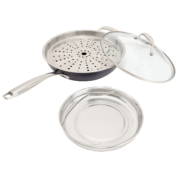 Fabio Viviani Everyday Pan with 2 Stainless Steel Inserts and Domed Glass Lid