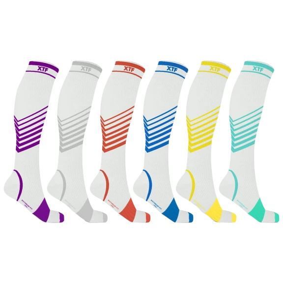 6-Pack: XTF Ultra V-Striped White Edition Knee-High Compression Socks