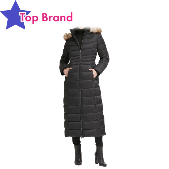 Kenneth Cole Faux Fur Trim Hooded Down Puffer Maxi Coat