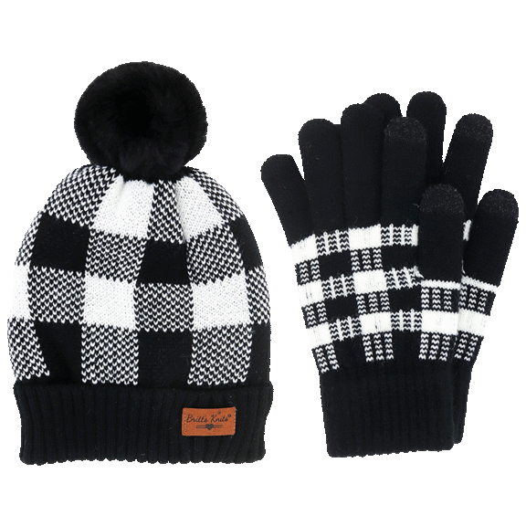 Britt's Knits Buffalo Plaid Pom Pom Beanie with Smartphone Touch Gloves