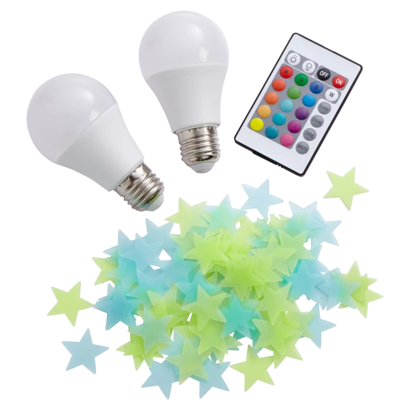 2-Pack: Glow RGB Color Changing Light Bulbs with Remote and Glow Stickers