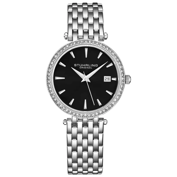 Stührling Women's Quartz Silver Case with Black Dial Bracelet Watch