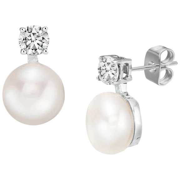 Savvy Cie Sterling Silver Cultured Freshwater Pearl & CZ Drop Studs Earrings