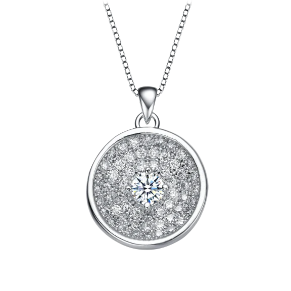RelavenO Classy Rhodium Plated Cubic Zirconia Round Pendant Necklace