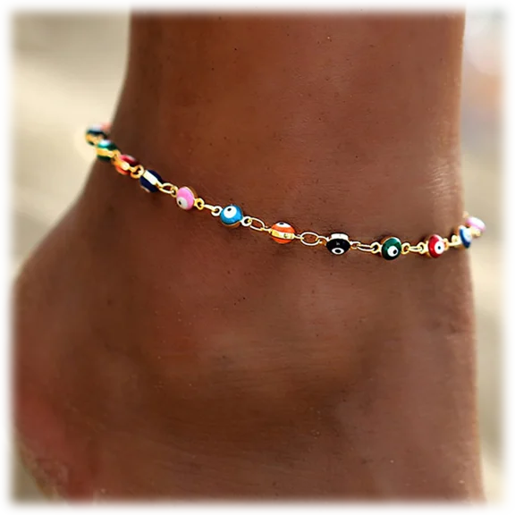 Golden NYC Jewelry 18K Gold Plated Rainbow Evil Eye Protection Anklet