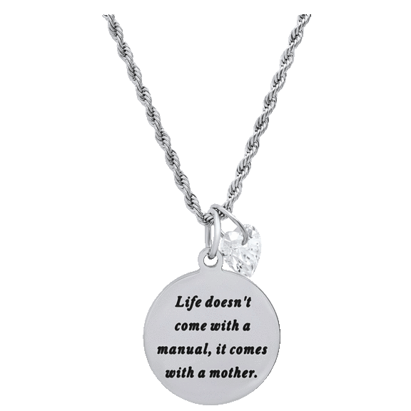 HMY "Life Doesn't Come With A Manual..." Round Pendant Necklace with Heart Charm