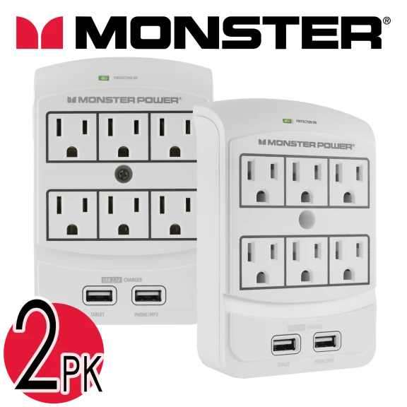 2-PACK Monster 6-Port Surge Protector Power Block with 2 USB Ports
