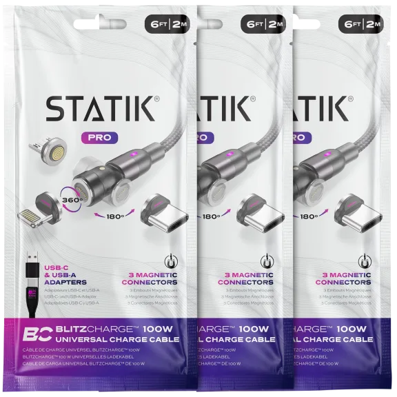 3-Pack: Statik 360 Pro 100W 6-Foot Universal Magnetic Charging Cables